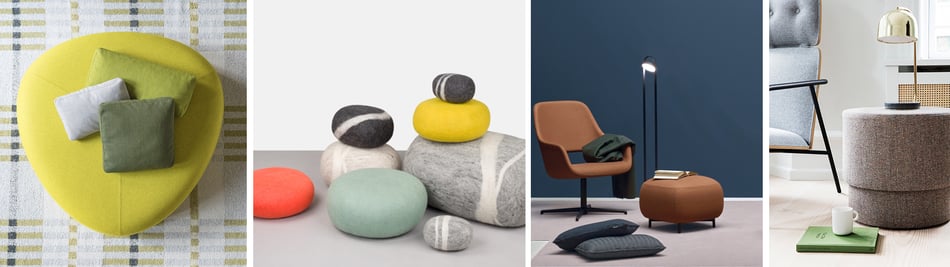 Lapalma Kipu Hocker, myfelt Kata-Kuno Filz-Pouf, Pedrali Buddy Hocker, Normann Copenhagen Silo Pouf Hocker
