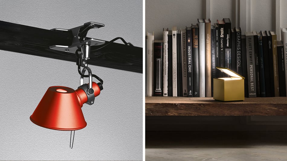 Artemide Tolomeo Micro Pinza LED Klemmleuchte und Cini and Nils Cuboluce Classic Tischleuchte