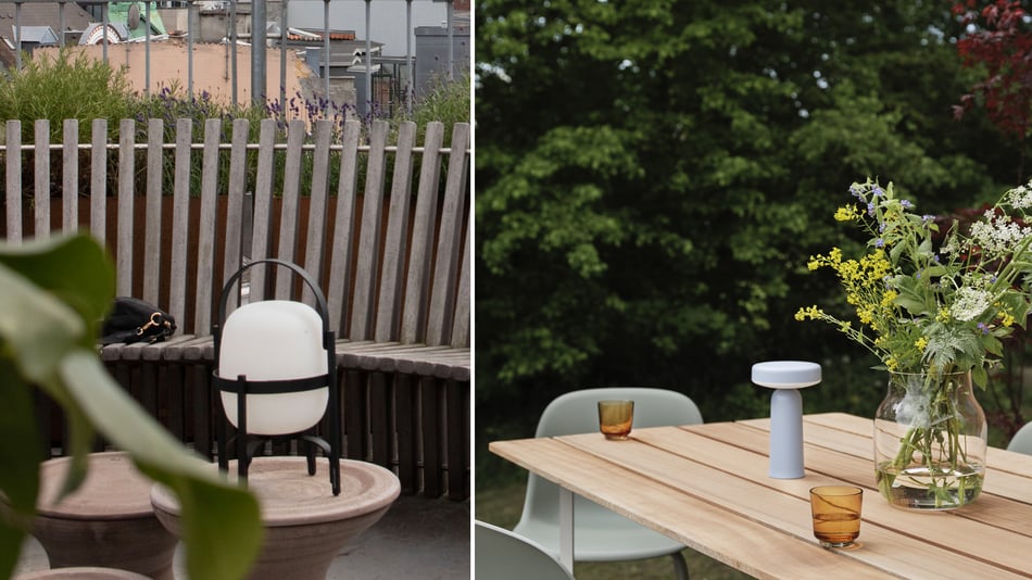 Santa Cole Cestita Alubat Outdoor Akkuleuchte und Muuto Ease Akkuleuchte