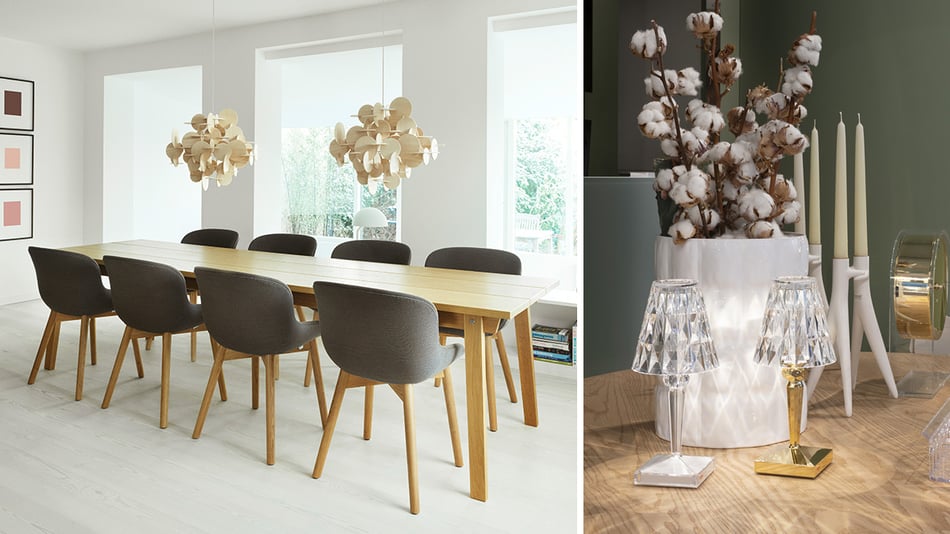 Normann Copenhagen Bau Pendant Pendelleuchte und Kartell Battery Tischleuchte