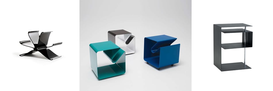Kartell Frontpage Zeitungsständer, Müller Möbelfabrikation V44 Beistelltisch und Radius Design X-Centric Beistelltisch