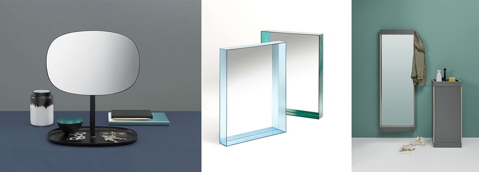 Normann Copenhagen Flip Spiegel, Kartell Only Me Spiegel und Müller Möbelwerkstätten Flai Wandspiegel