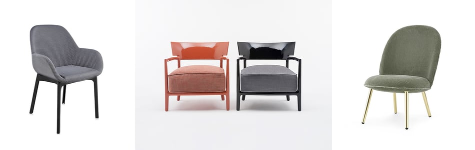 Kartell Clap Sessel, Kartell Cara Sessel und Normann Copenhagen Ace Loungesessel